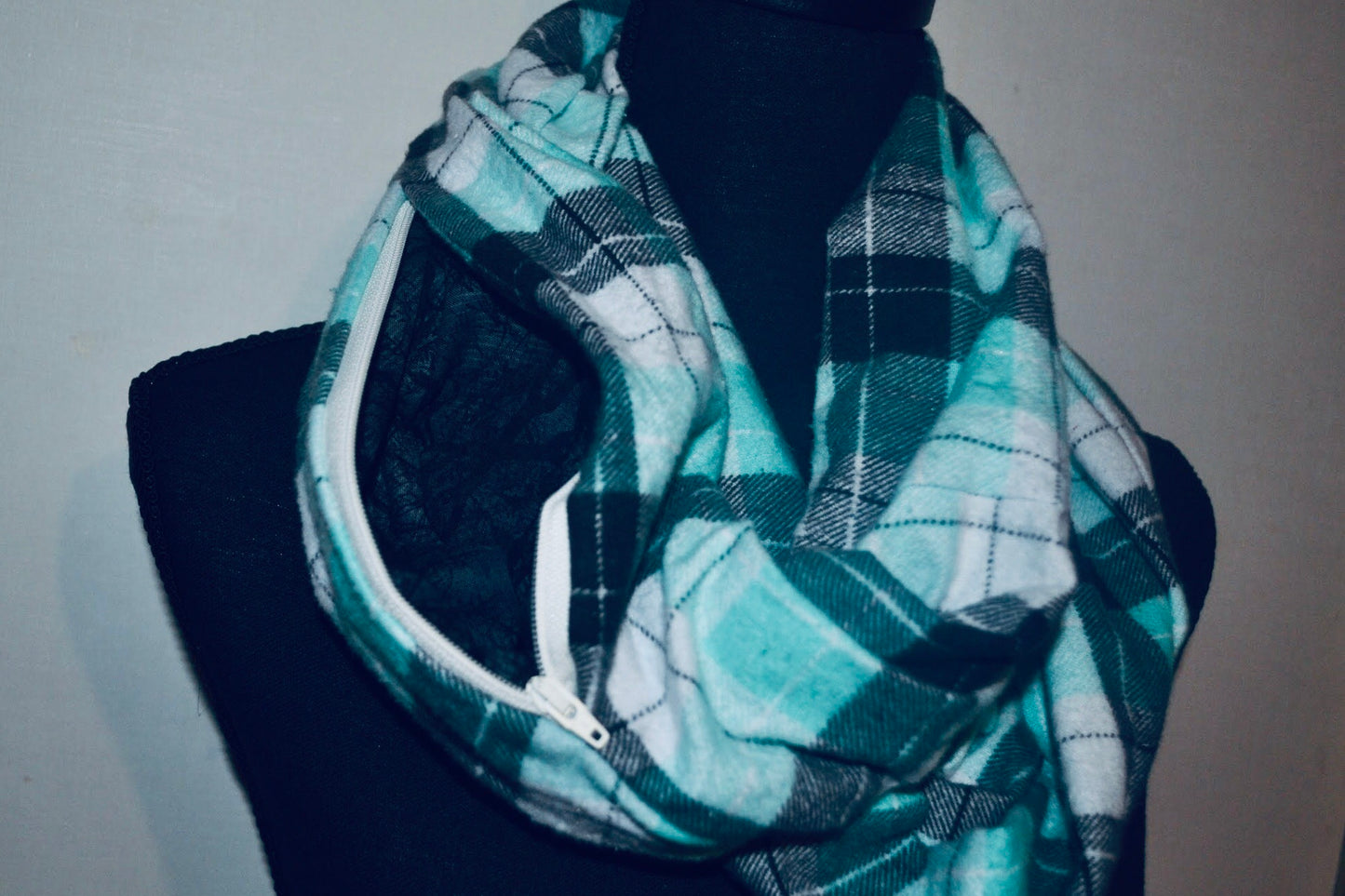 Adult infinity scarf with pocket - light green plaid