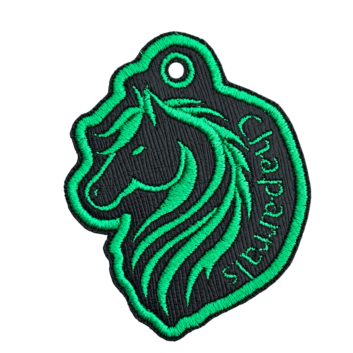 Chaparrals embroidered horse keychain, brightened photo with transparent background
