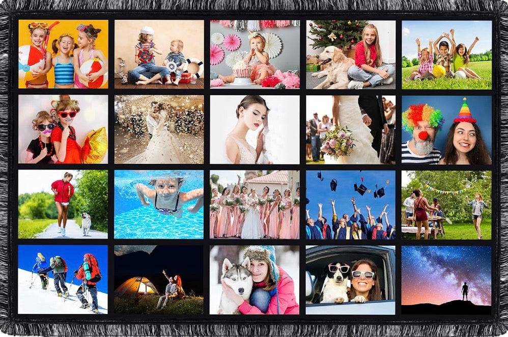 Supplier example of a photo collage blanket with 20 photo panels; example photos are not included