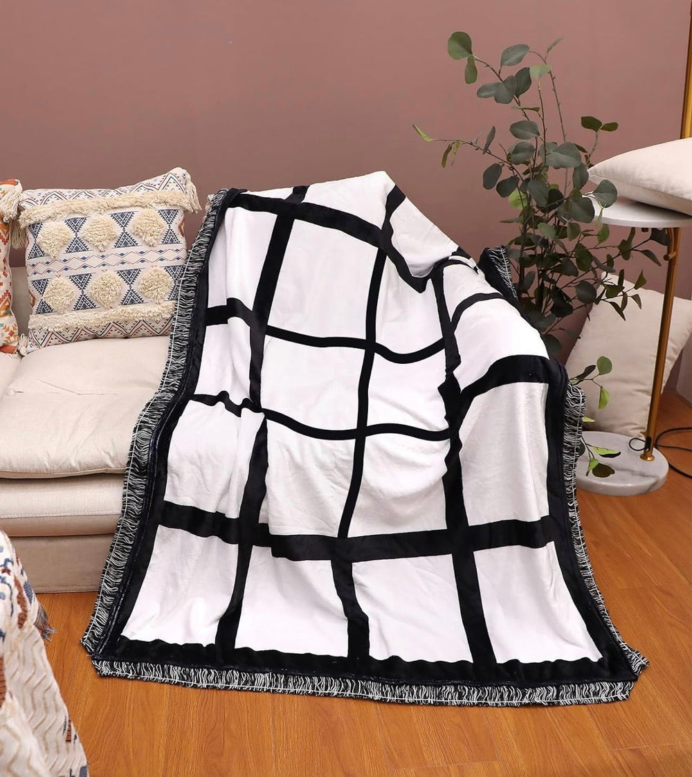 Black-bordered fringed blanket shown before personalization