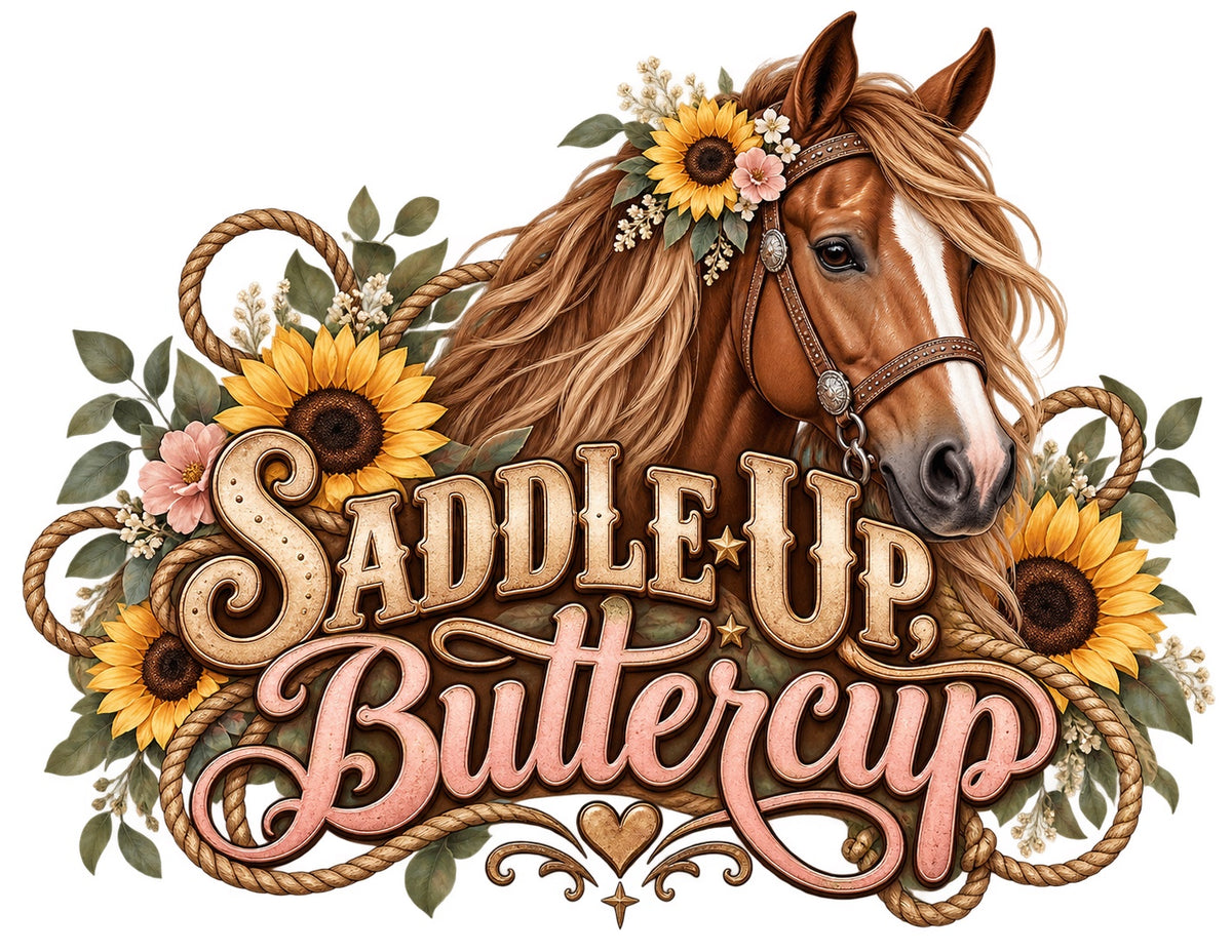 Saddle Up Buttercup — artwork preview for printed horse-themed tote