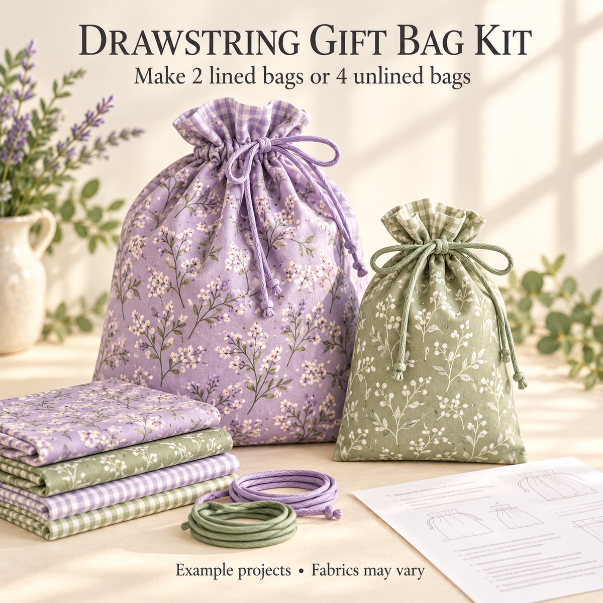Example lavender and sage drawstring gift bags with fabric and cord. Kit makes two lined bags or four unlined bags; fabrics may vary.