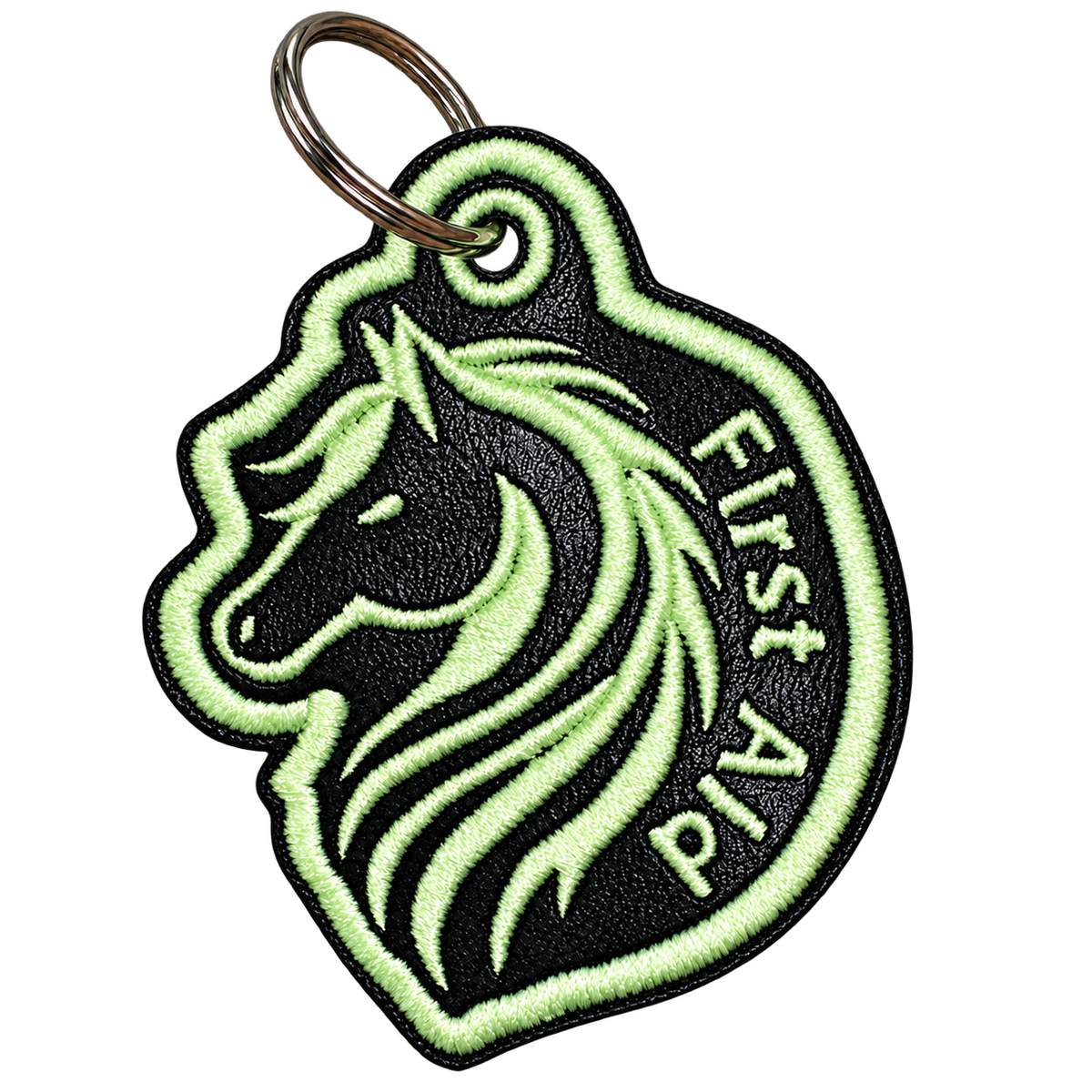 First Aid embroidered horse keychain, background removed