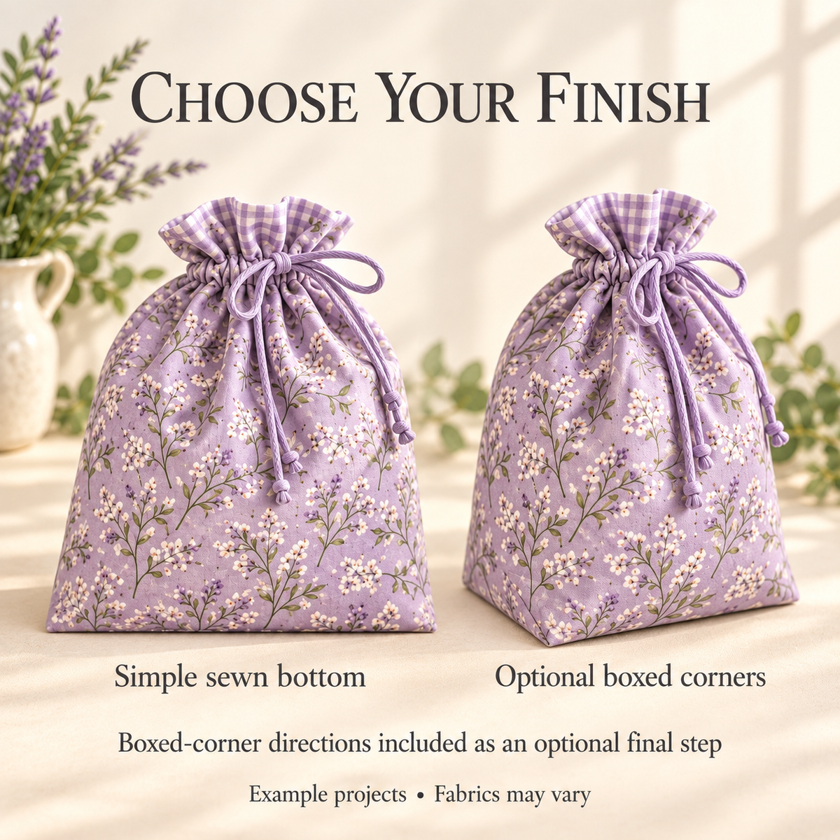 Example lavender gift bags comparing a simple sewn bottom with optional boxed corners. Optional finishing directions included; fabrics may vary.