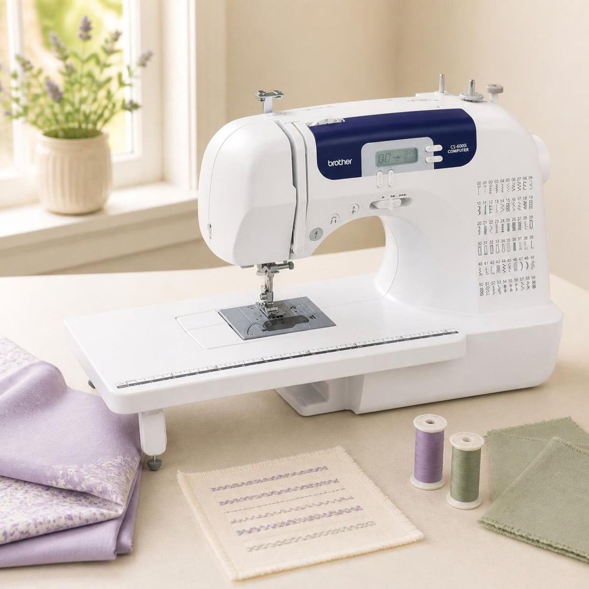Sewing machine with lavender and sage fabrics and a beginner stitch sampler.