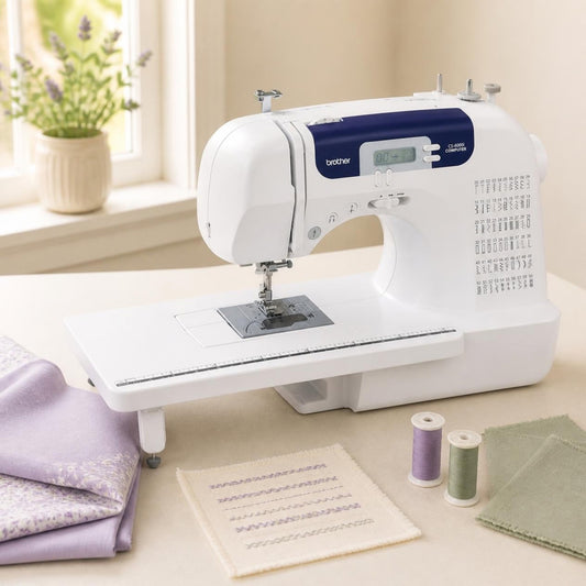 Sewing machine with lavender and sage fabrics and a beginner stitch sampler.