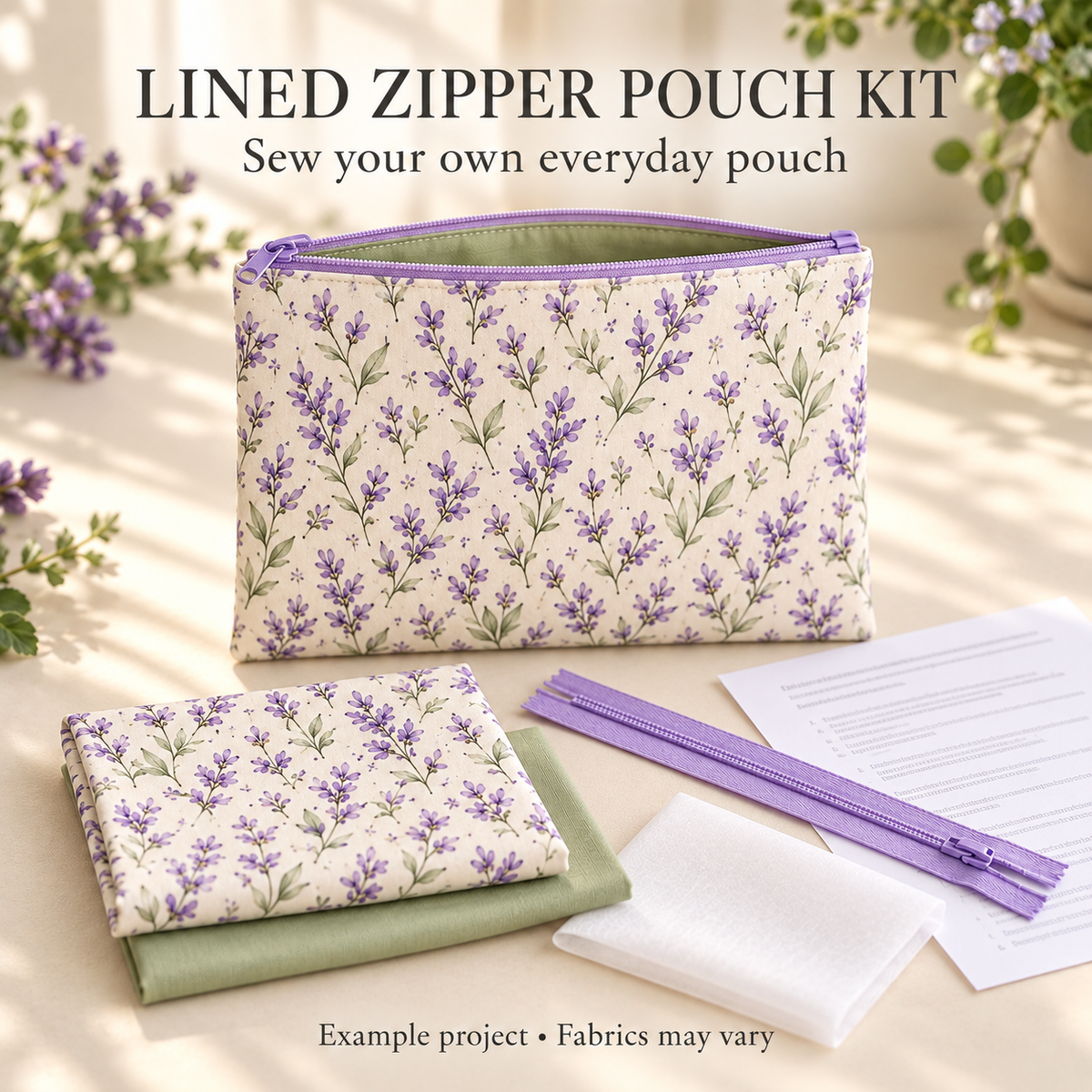 Example flat lined zipper pouch in lavender floral fabric with sage lining, shown with fabrics, zipper, interfacing, and directions. Fabrics may vary.