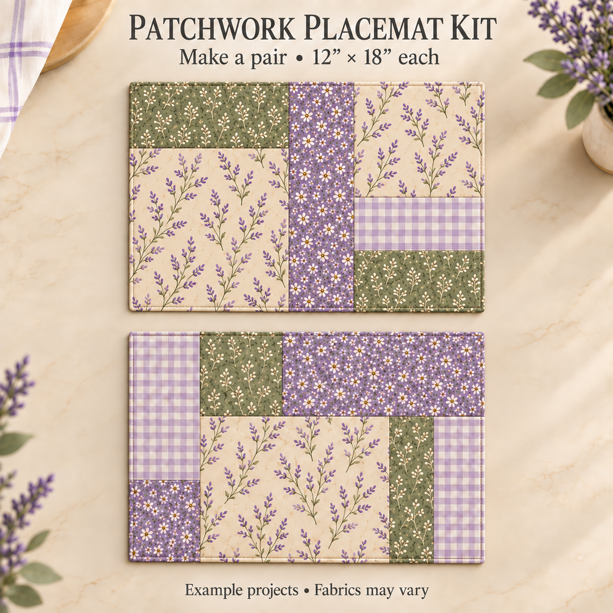 Example pair of 12 by 18 inch patchwork placemats in four lavender, sage, and cream fabrics, with no sashing.