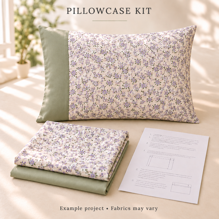 Example pillowcase project in lavender floral fabric with a sage cuff; fabrics may vary.