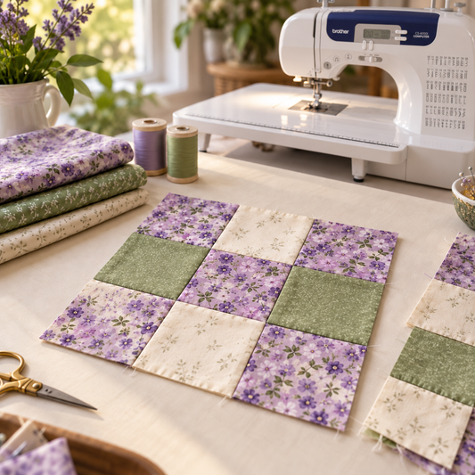 Lavender, sage and cream quilt block beside a Brother CS6000i sewing machine; quilting project inspiration.