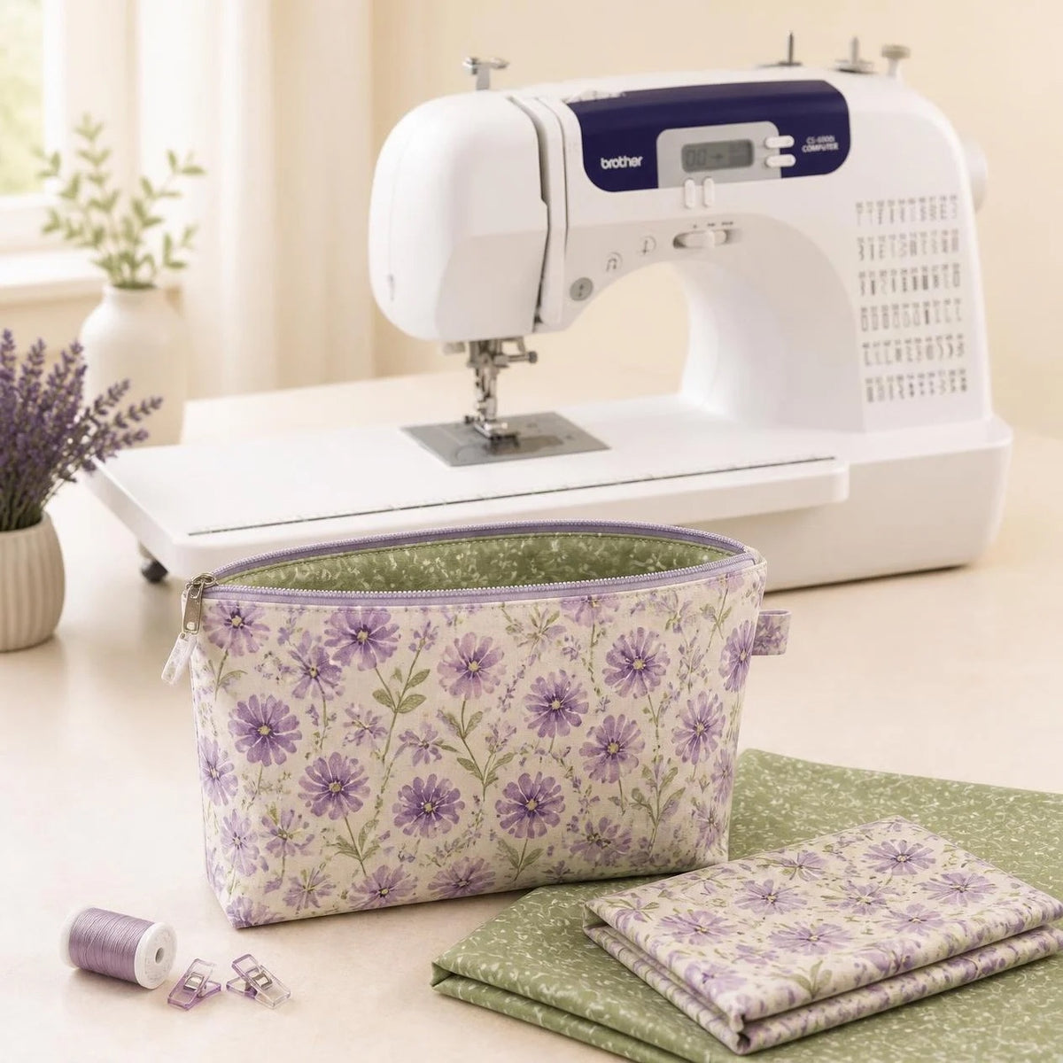 Floral lavender zipper pouch with sage lining beside a sewing machine.