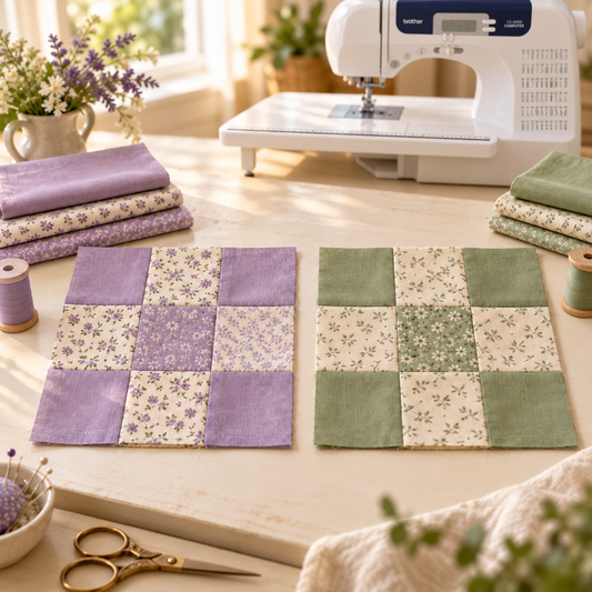 Two lavender and sage quilt blocks beside a Brother CS6000i sewing machine; quilting project inspiration.