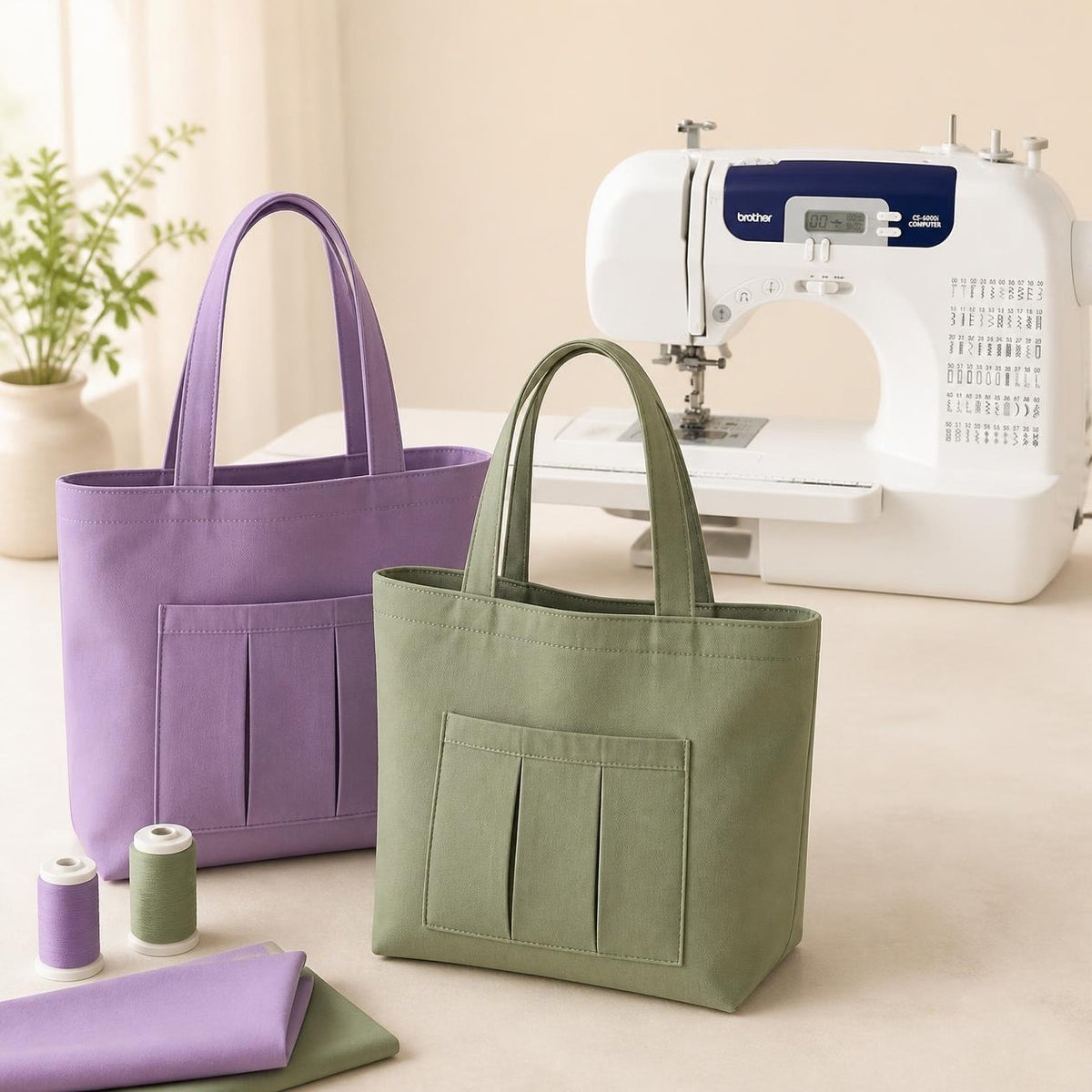 Lavender and sage tote bags beside a sewing machine.
