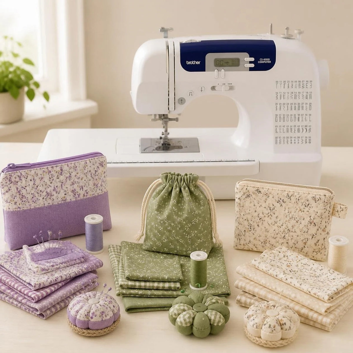 Coordinating sewing projects, fabrics, thread and pincushions beside a sewing machine.