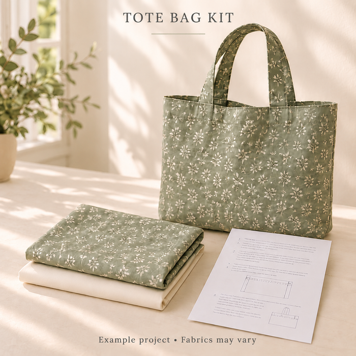 Example tote bag project in sage botanical fabric; fabrics may vary.