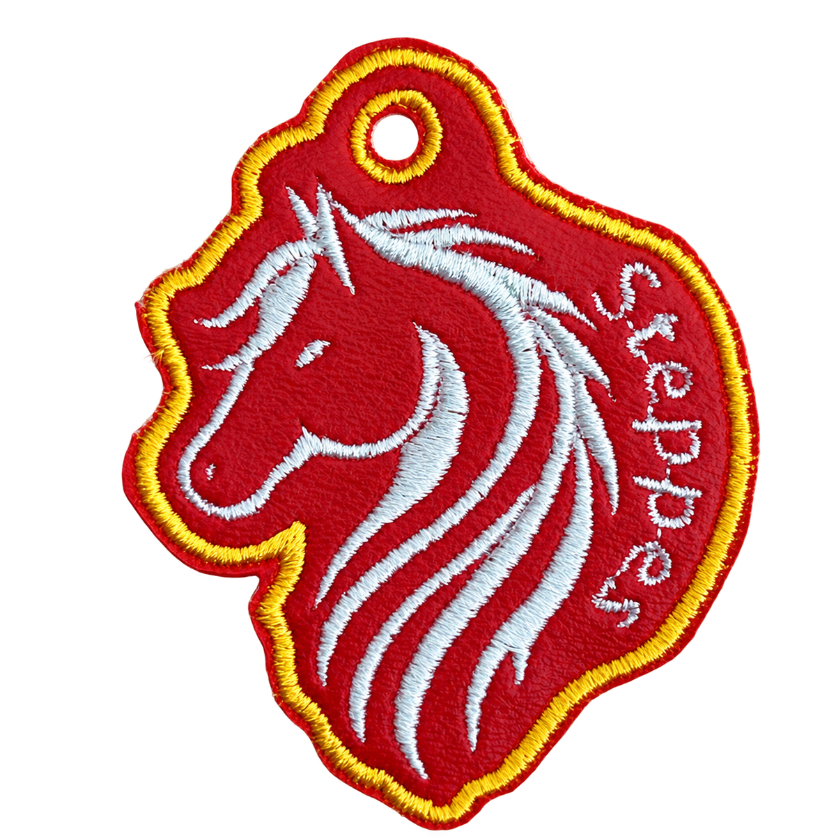 Steppes embroidered horse keychain, brightened photo with transparent background, red design