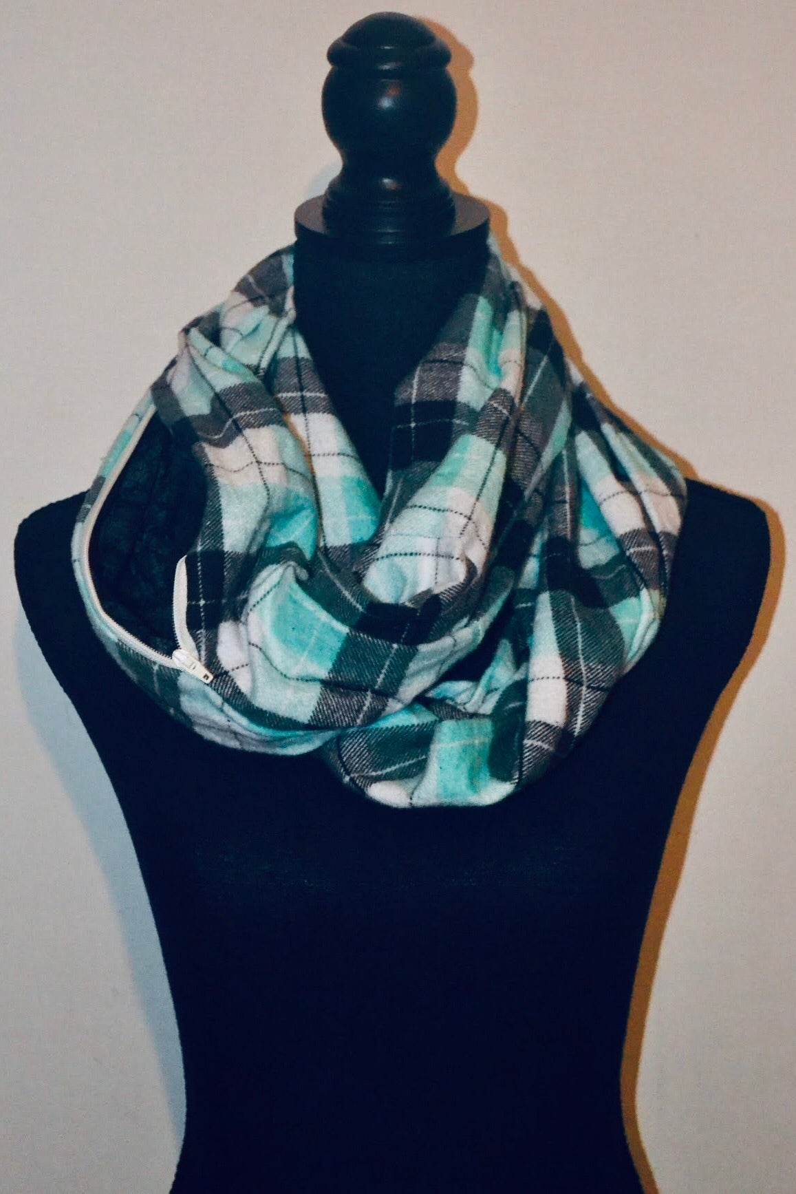 Adult infinity scarf with pocket - light green plaid